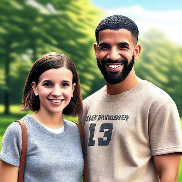 A photo-realistic image of Drake and Millie Bobby Brown standing together