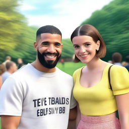 A photo-realistic image of Drake and Millie Bobby Brown standing together