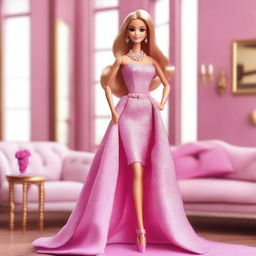 A beautiful and stylish Barbie doll in a glamorous outfit, standing in a luxurious room with elegant furniture and decorations