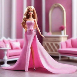 A beautiful and stylish Barbie doll in a glamorous outfit, standing in a luxurious room with elegant furniture and decorations