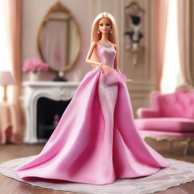 A beautiful and stylish Barbie doll in a glamorous outfit, standing in a luxurious room with elegant furniture and decorations