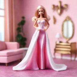 A beautiful and stylish Barbie doll in a glamorous outfit, standing in a luxurious room with elegant furniture and decorations