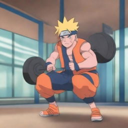 Naruto Uzumaki from the anime series Naruto is lifting weights in a gym