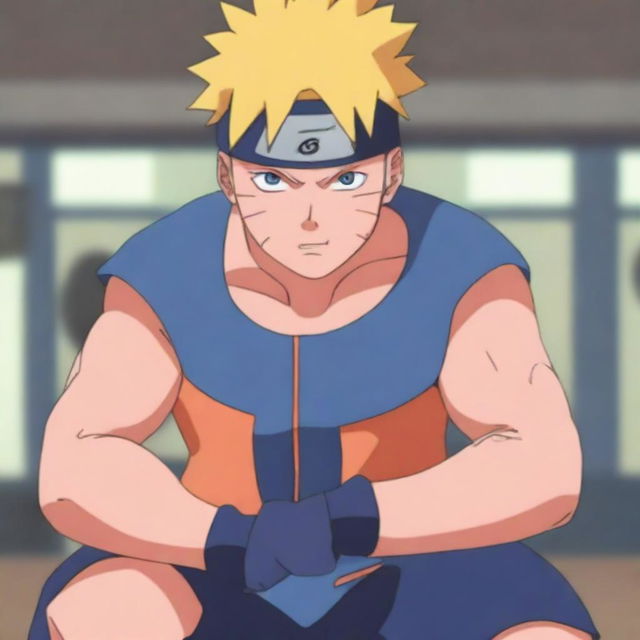 Naruto Uzumaki from the anime series Naruto is lifting weights in a gym