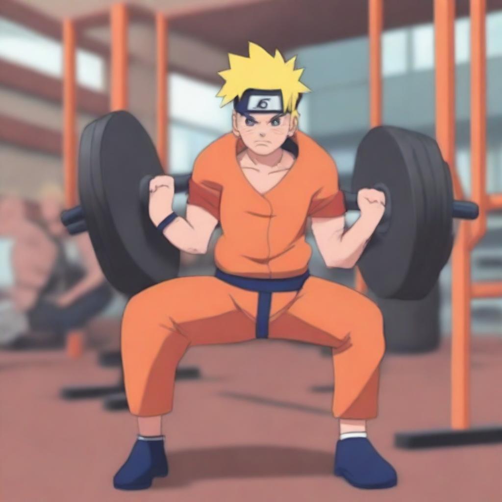 A detailed illustration of Naruto Uzumaki lifting weights in a gym
