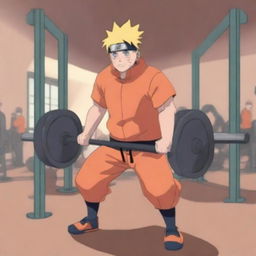 A detailed illustration of Naruto Uzumaki lifting weights in a gym