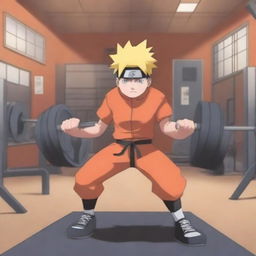 A detailed illustration of Naruto Uzumaki lifting weights in a gym