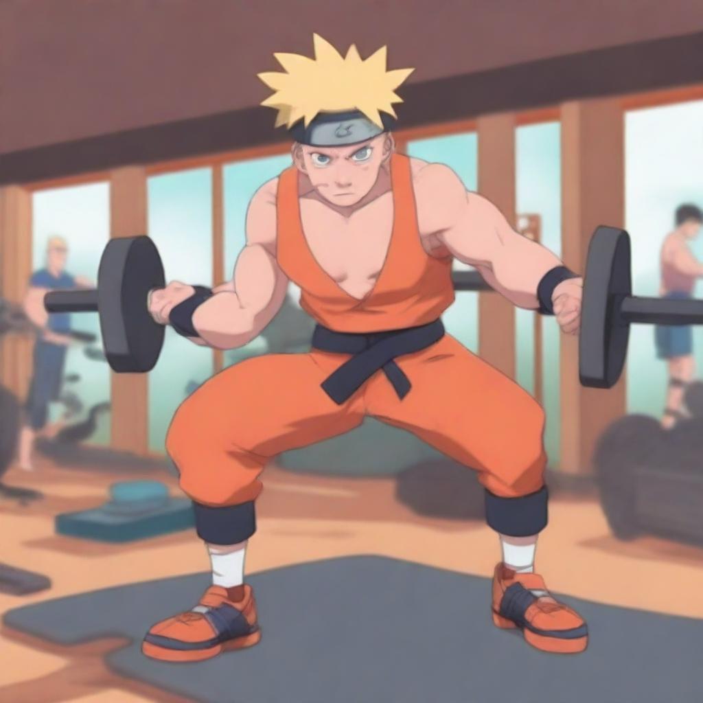 A detailed illustration of Naruto Uzumaki lifting weights in a gym