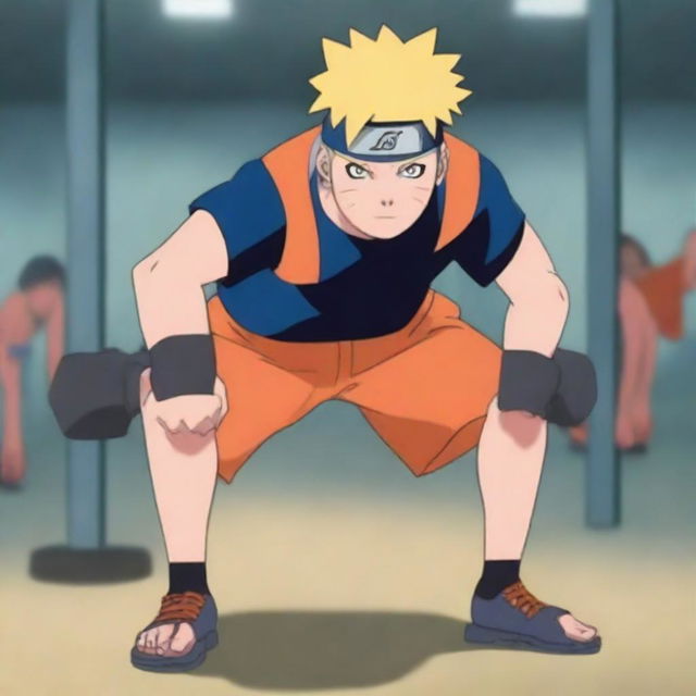 Naruto Uzumaki from the Naruto series lifting weights in a gym setting