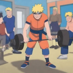 Naruto Uzumaki from the Naruto series lifting weights in a gym setting