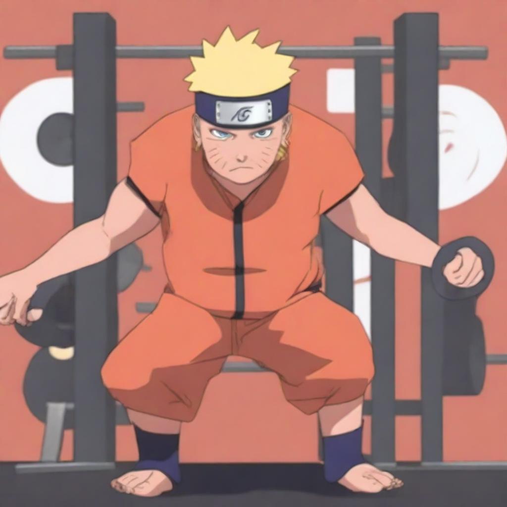 Naruto Uzumaki, the main character from the Naruto series, is lifting heavy weights in a gym