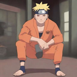 Naruto Uzumaki, the main character from the Naruto series, is lifting heavy weights in a gym