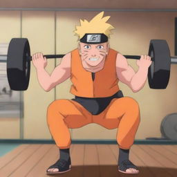 Naruto Uzumaki, the main character from the Naruto series, is lifting heavy weights in a gym