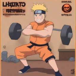 Naruto Uzumaki, the main character from the Naruto series, is lifting heavy weights in a gym