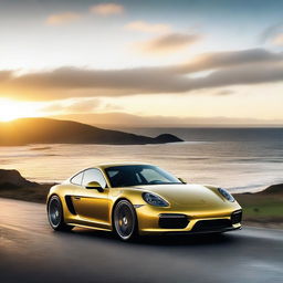 A sleek Porsche sports car driving on a scenic ocean highway