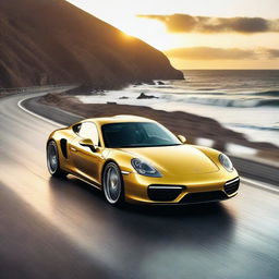 A sleek Porsche sports car driving on a scenic ocean highway