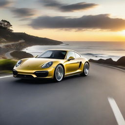 A sleek Porsche sports car driving on a scenic ocean highway