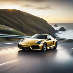 A sleek Porsche sports car driving on a scenic ocean highway