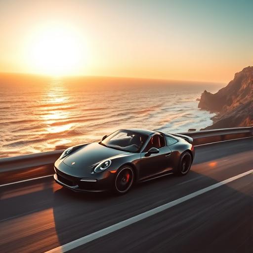 A sleek Porsche sports car driving on a scenic ocean highway