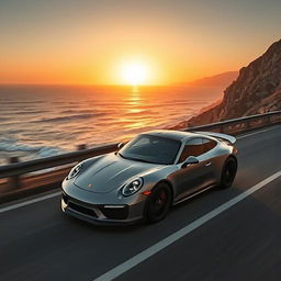 A sleek Porsche sports car driving on a scenic ocean highway