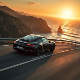 A sleek Porsche sports car driving on a scenic ocean highway