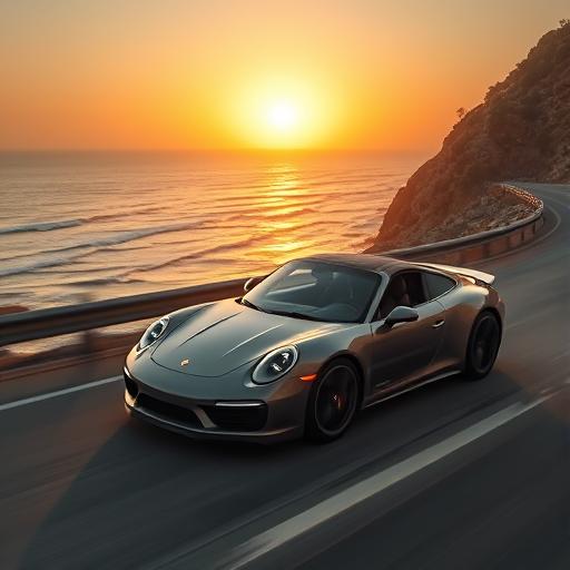 A sleek Porsche sports car driving on a scenic ocean highway