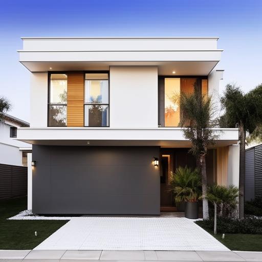 Modern house front elevation with clean lines, large glass windows and minimalist aesthetics