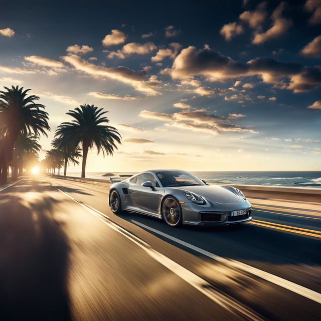 A sleek Porsche sports car drives along a scenic ocean highway at sunset, with palm trees, a clear sky, and the shimmering blue ocean in the background