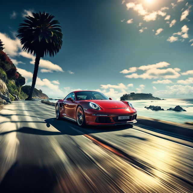 A vibrant red Porsche sports car driving on a scenic ocean highway with a clear blue sky, lush greenery, and the ocean waves crashing against the rocks below