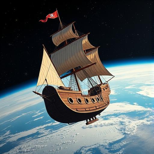 A detailed scene of a pirate ship in orbit above Earth