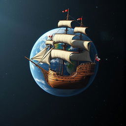 A detailed scene of a pirate ship in orbit above Earth