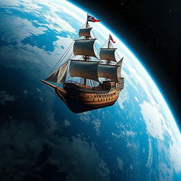 A detailed scene of a pirate ship in orbit above Earth