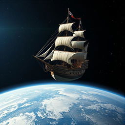 A detailed scene of a pirate ship in orbit above Earth