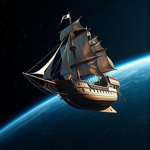 A majestic pirate ship floating in space, orbiting the Earth