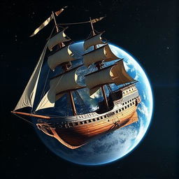 A majestic pirate ship floating in space, orbiting the Earth