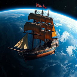 A majestic pirate ship floating in space, orbiting the Earth