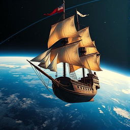 A majestic pirate ship floating in space, orbiting the Earth