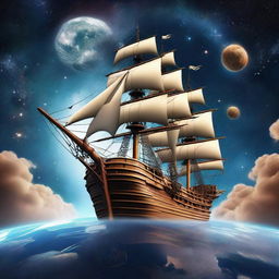 A majestic pirate ship floating in space, orbiting the Earth