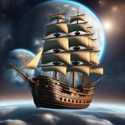 A majestic pirate ship floating in space, orbiting the Earth