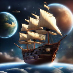 A majestic pirate ship floating in space, orbiting the Earth