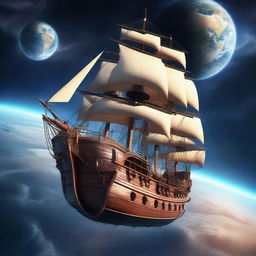 A majestic pirate ship floating in space, orbiting the Earth