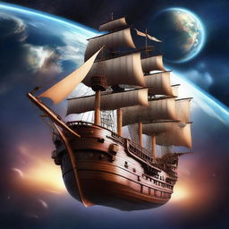 A majestic pirate ship floating in space, orbiting the Earth