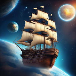 A majestic pirate ship floating in space, orbiting the Earth