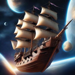 A majestic pirate ship floating in space, orbiting the Earth