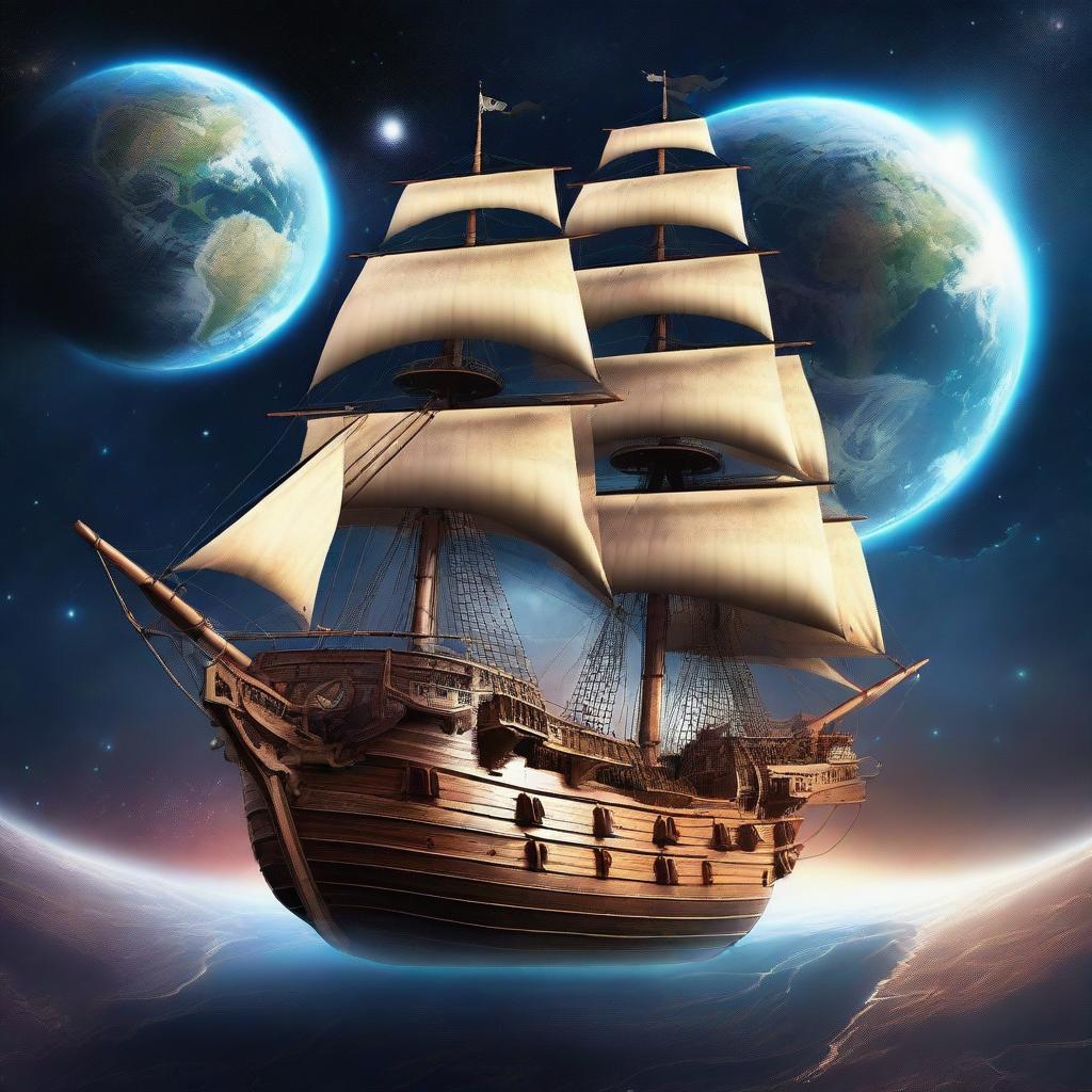 A majestic pirate ship floating in space, orbiting the Earth