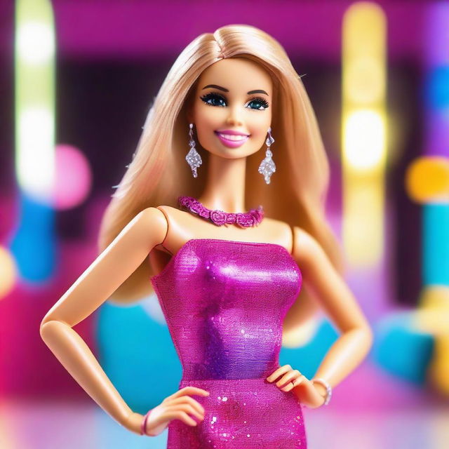 A vibrant and colorful image of Barbie in a glamorous outfit, posing with a confident smile