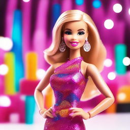 A vibrant and colorful image of Barbie in a glamorous outfit, posing with a confident smile