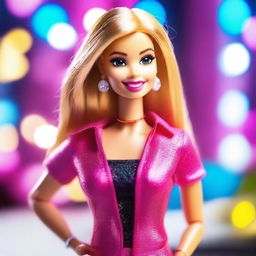 A vibrant and colorful image of Barbie in a glamorous outfit, posing with a confident smile