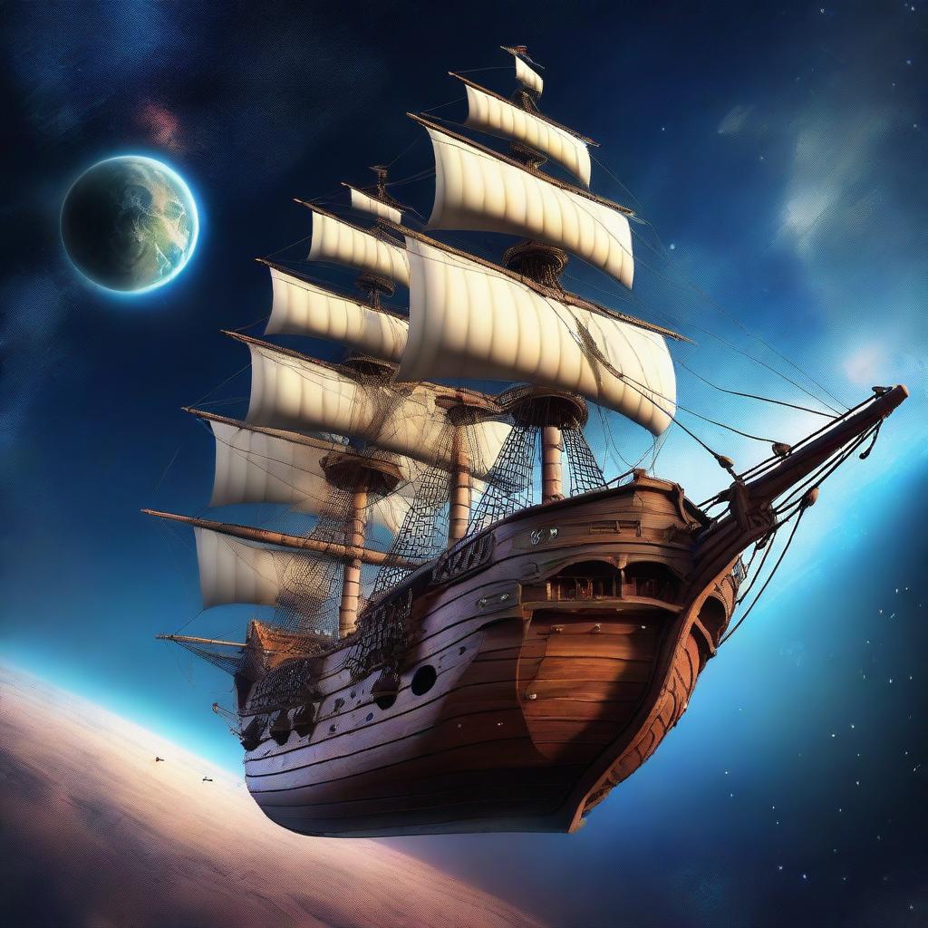 A majestic pirate ship floating in space, orbiting the Earth