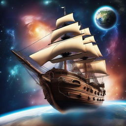 A majestic pirate ship floating in space, orbiting the Earth